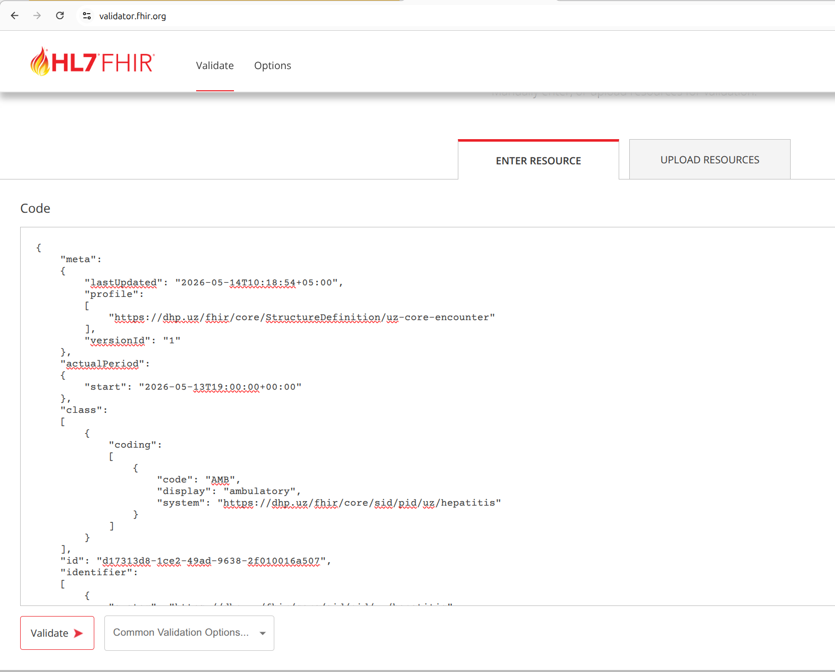 Entering a resource on the Validate tab