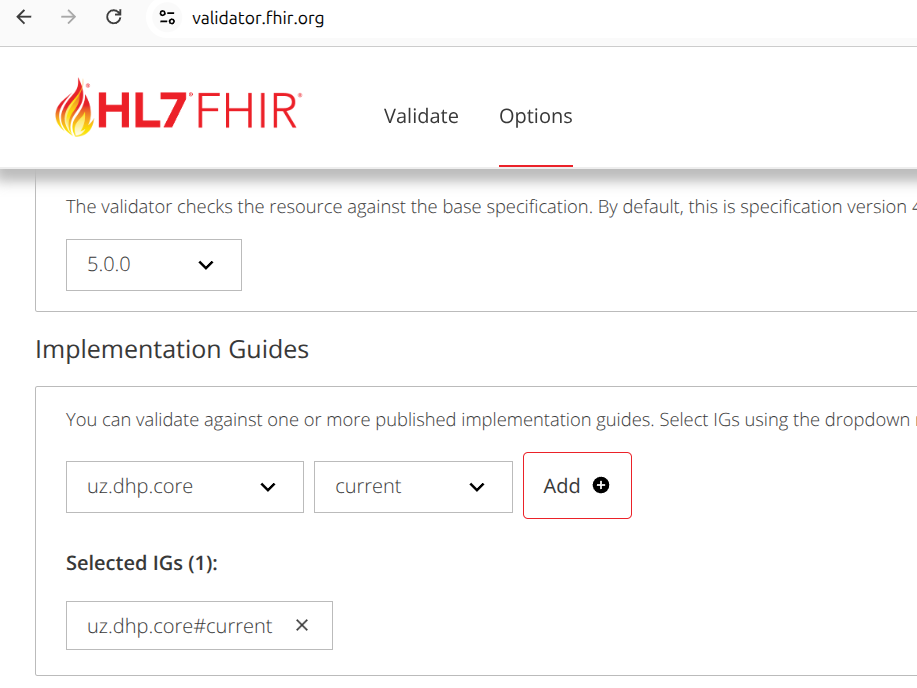 Загрузка руководства UZ Core на вкладке Options в validator.fhir.org